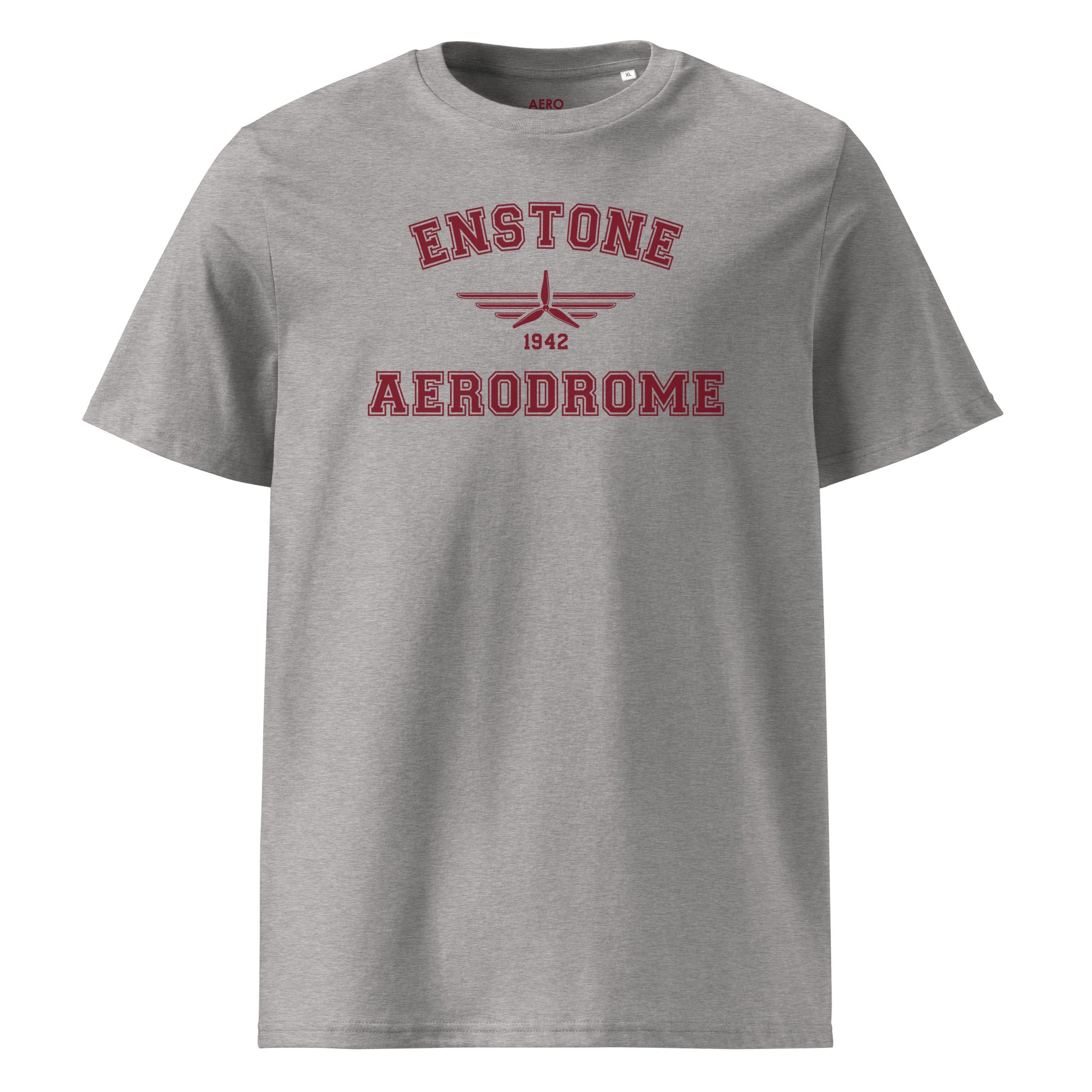 Enstone Aerodrome Classic Collegiate Unisex Organic Cotton T-Shirt in grey with a burgundy print that includes a propeller icon with the date of construction.