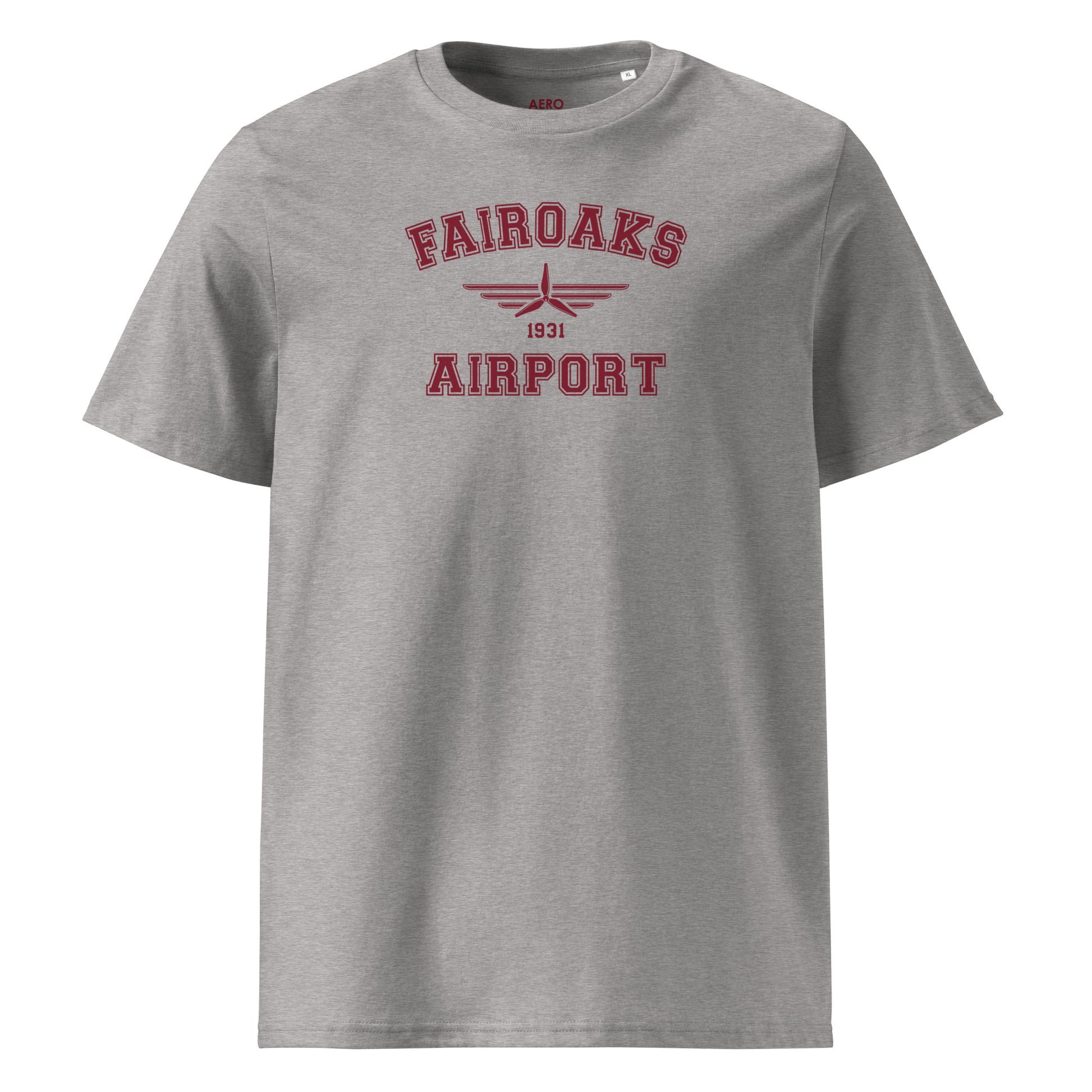 Fairoaks Airport Classic Collegiate Unisex Organic Cotton T-Shirt in grey with a burgundy print that includes a propeller icon with the date of construction.