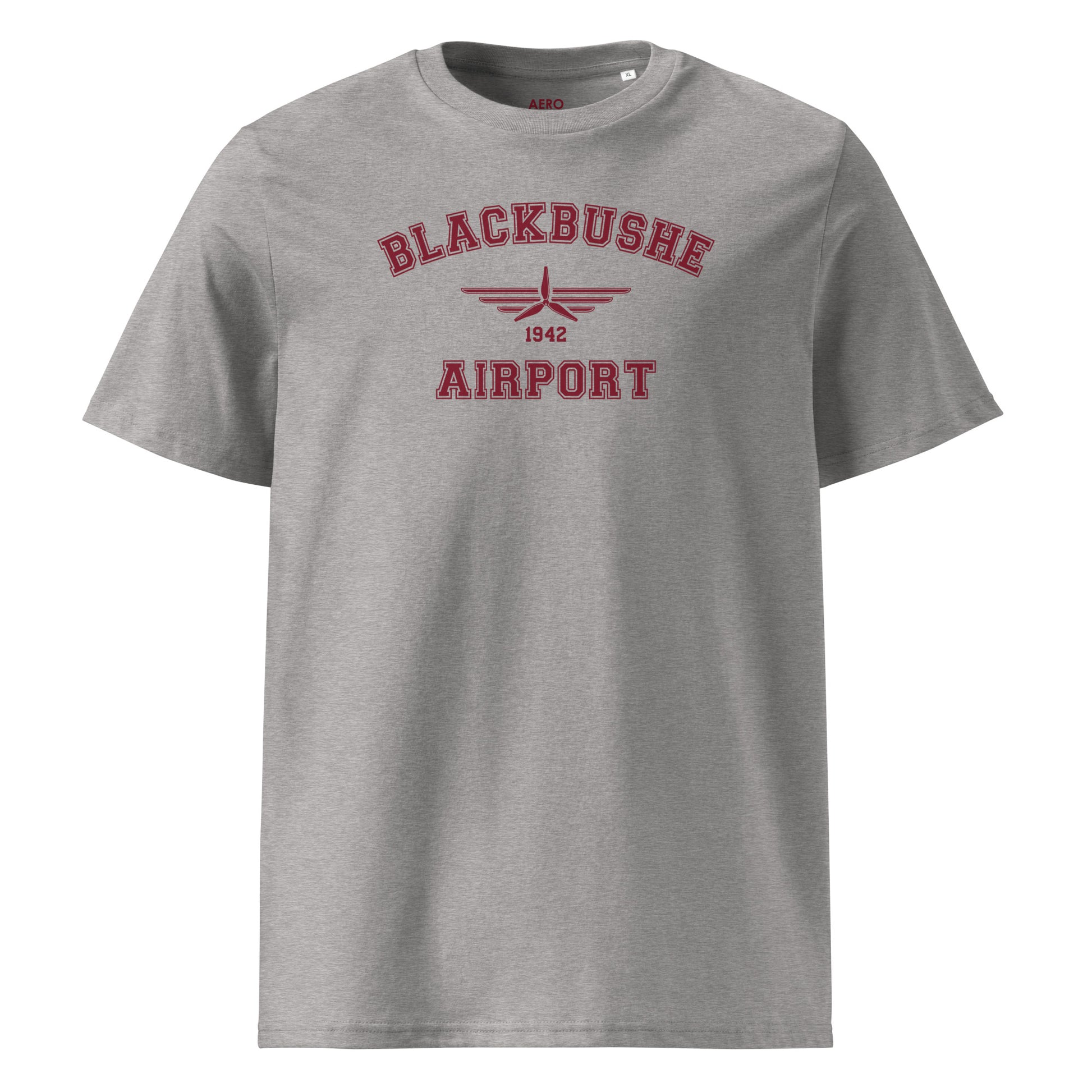 Blackbushe Airport Classic Collegiate Unisex Organic Cotton T-Shirt in grey with a burgundy print that includes a propeller icon with the date of construction.