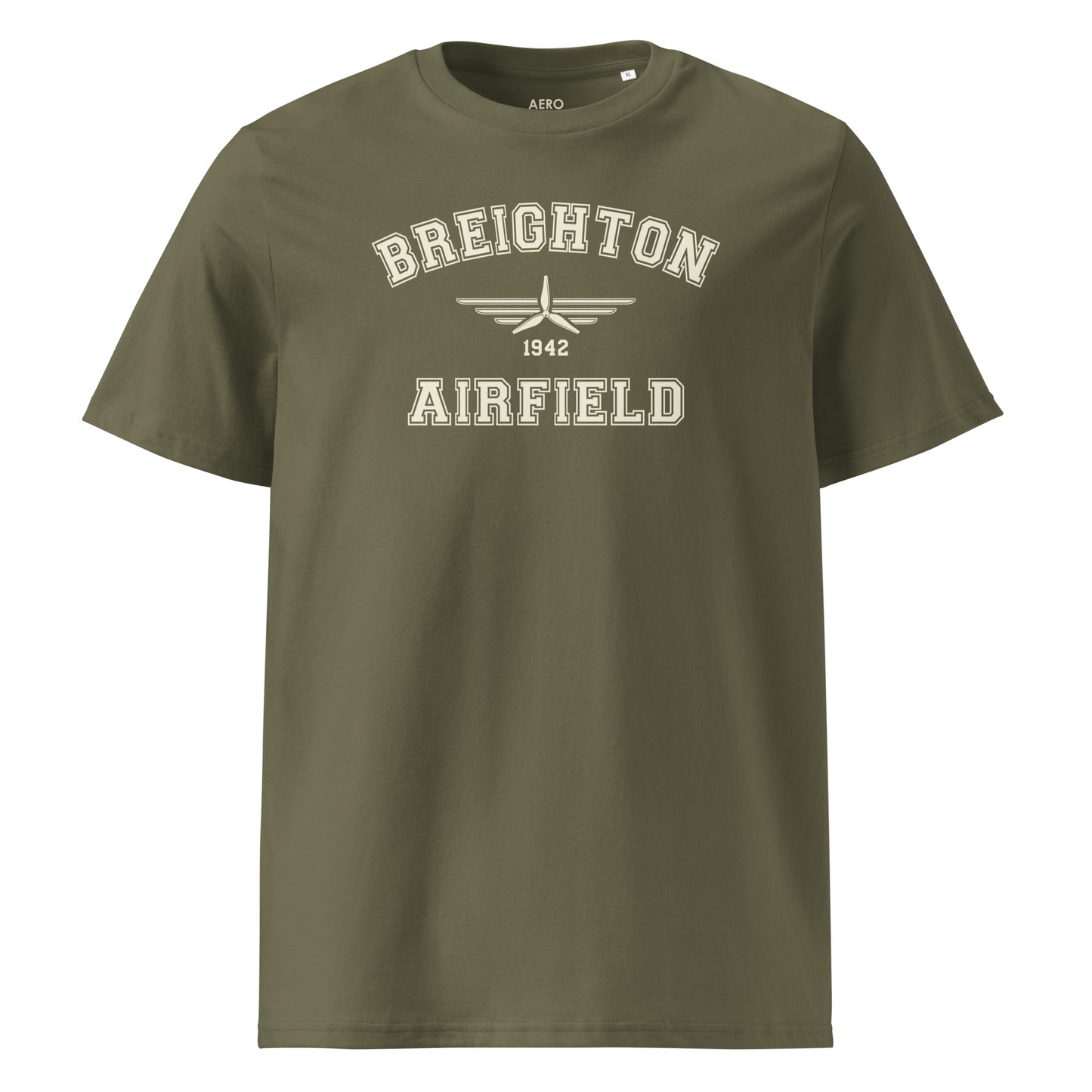 Breighton Airfield Classic Collegiate Unisex Organic Cotton T-Shirt in khaki with a vintage pale cream print that includes a propeller icon with the date of construction.