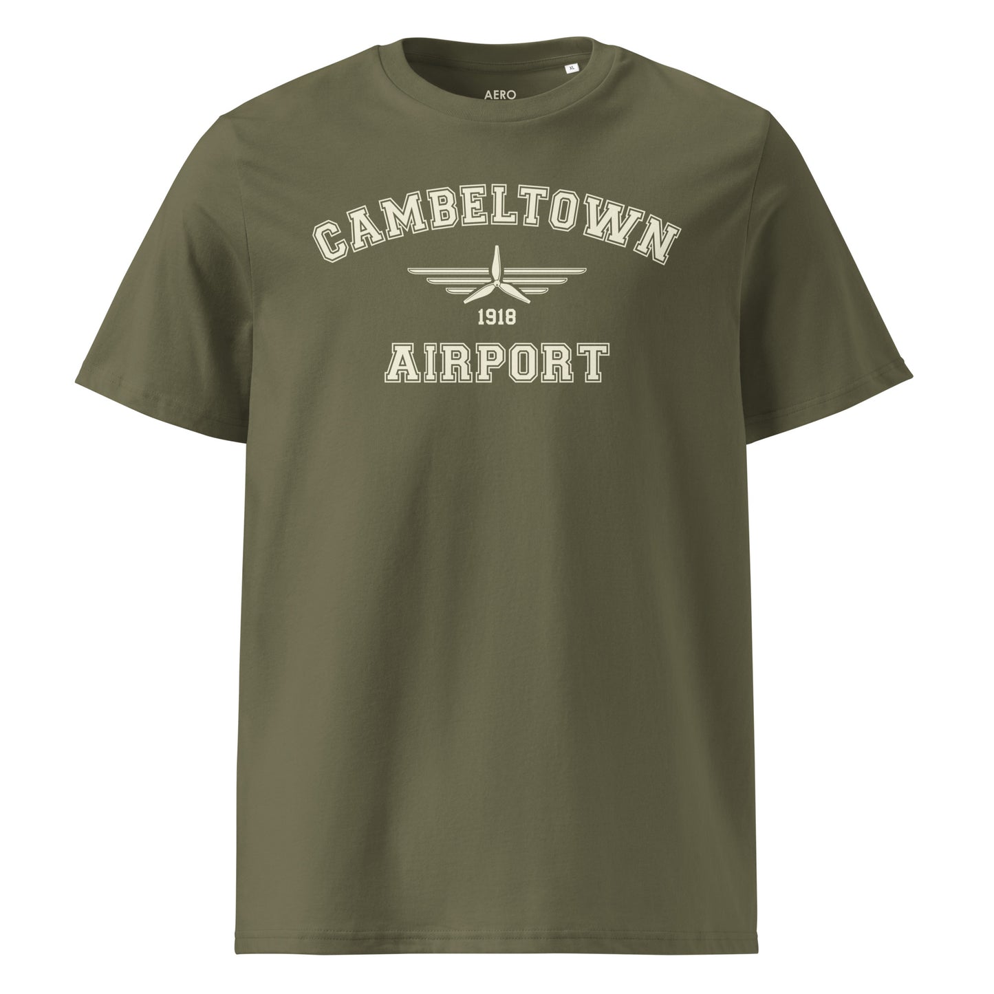 Campbeltown Airport Classic Collegiate Unisex Organic Cotton T-Shirt in khaki with a vintage pale cream print that includes a propeller icon with the date of construction.