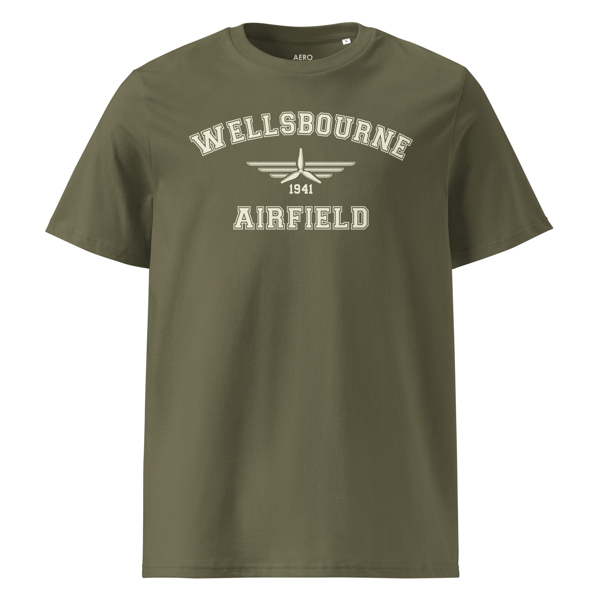 Wellsbourne Airfield Classic Collegiate Unisex Organic Cotton T-Shirt in khaki with a vintage pale cream print that includes a propeller icon with the date of construction.