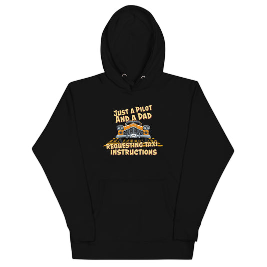"Just a Pilot and a Dad Requesting Taxi Instructions" hoodie, featuring a charming cartoon of classic New York City taxi.