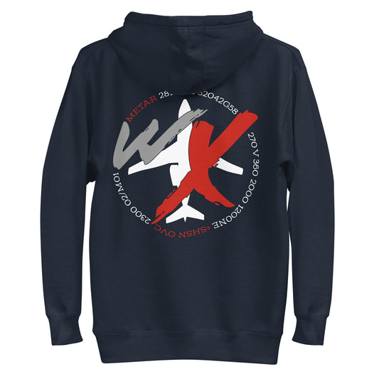 This navy blue "WX" aviation weather hoodie has a bold logo on the back with "WX" which is surrounded by coded aviation weather.