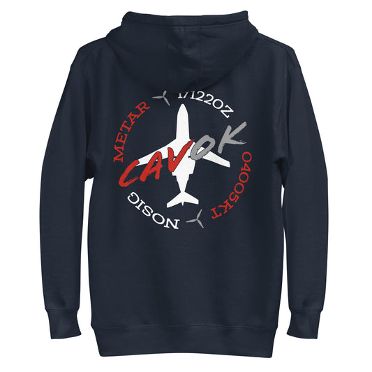 Medium weight hoodie in navy blue featuring a bold logo with "CAVOK" surrounded by coded aviation weather on the back.