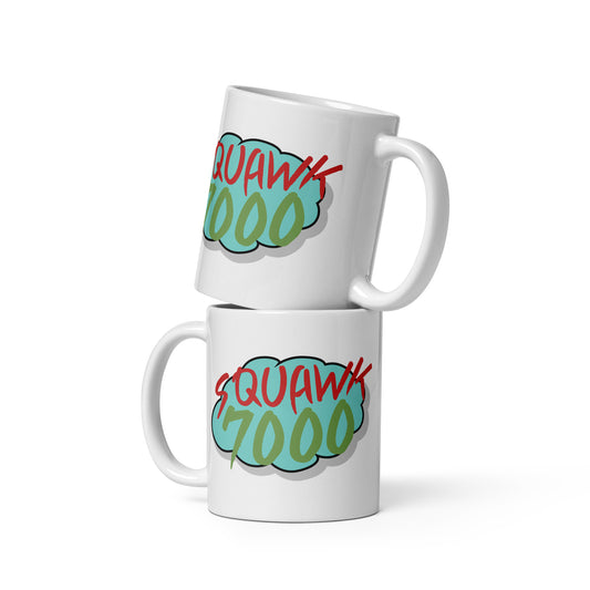 Humorous 11oz white glossy mug with cartoon cloud and "Squawk 7000" the aviation squawk code
