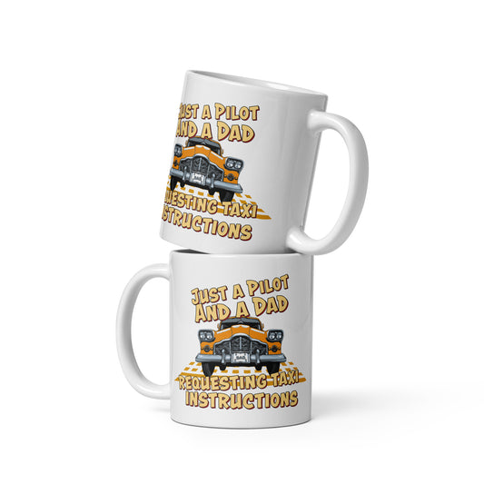 Just a Pilot and a Dad white glossy mug with a cartoon of a NYC Taxi