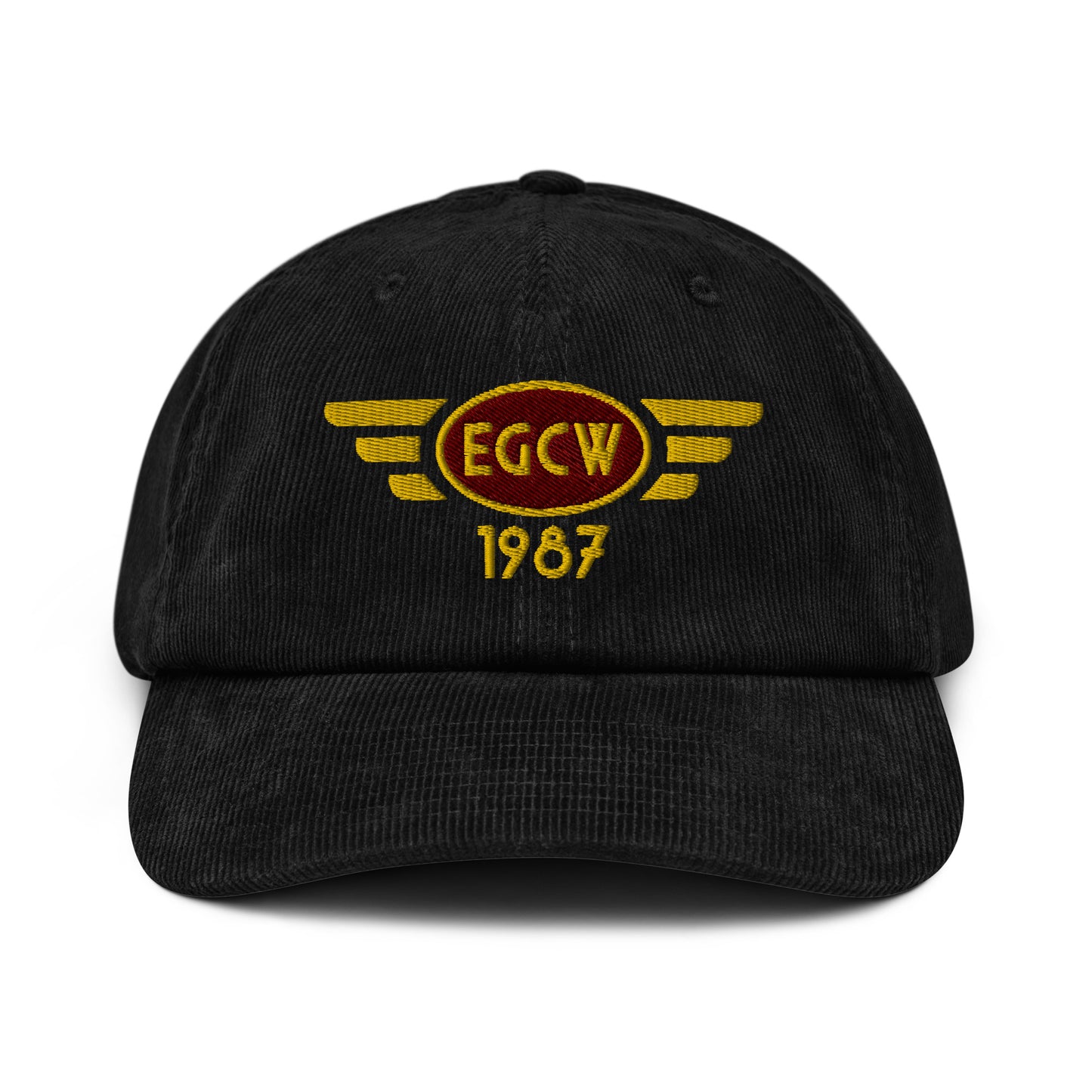 Black corduroy baseball cap with embroidered vintage style aviation logo for Welshpool Airport.