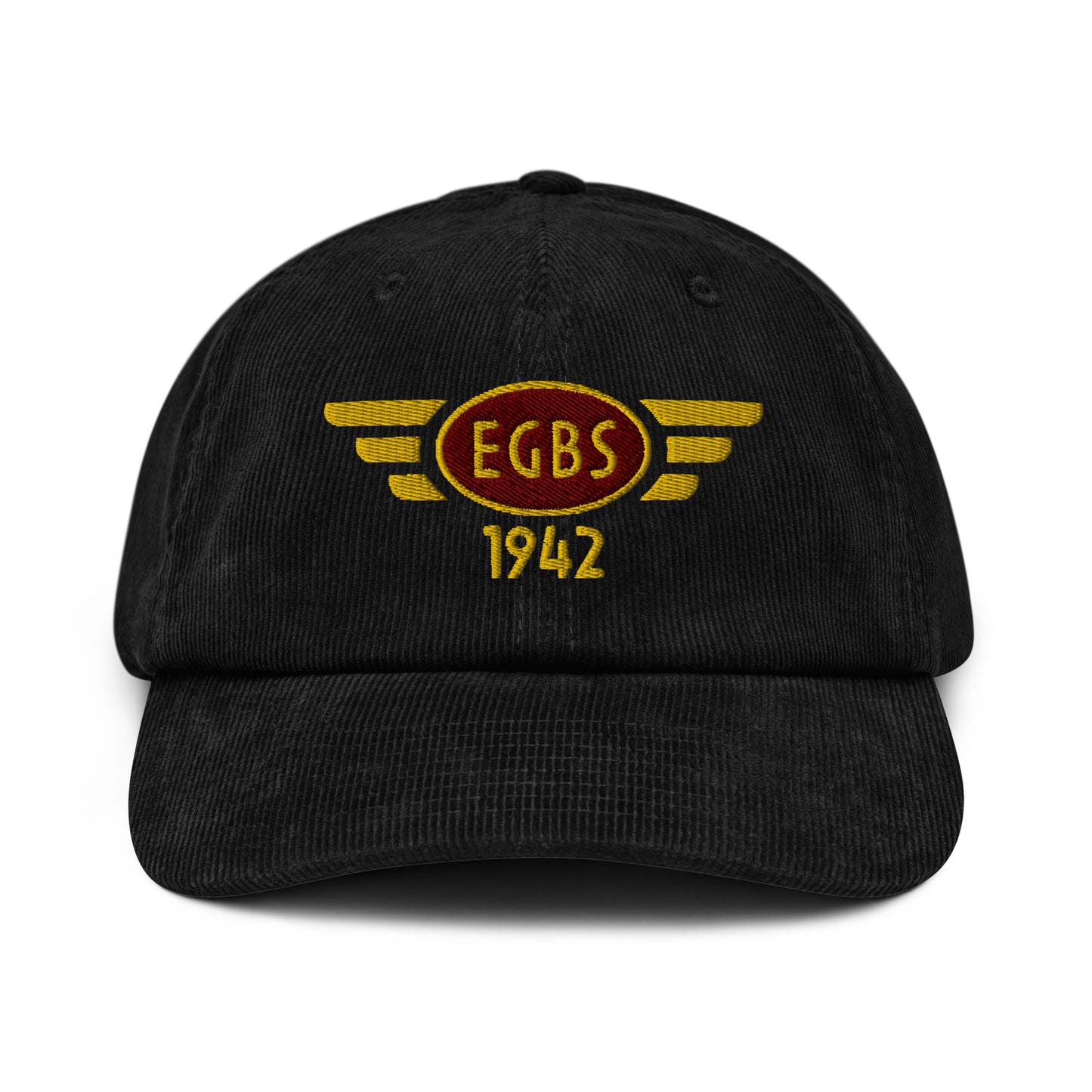 Black corduroy baseball cap with embroidered vintage style aviation logo for Shobdon Aerodrome.