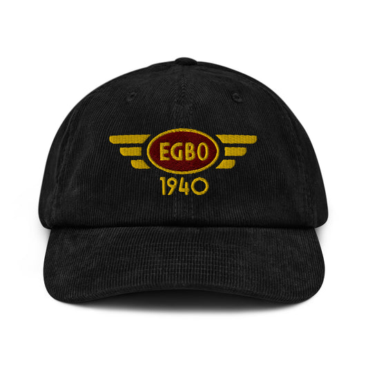 Halfpenny Green Airport corduroy cap with embroidered ICAO code.