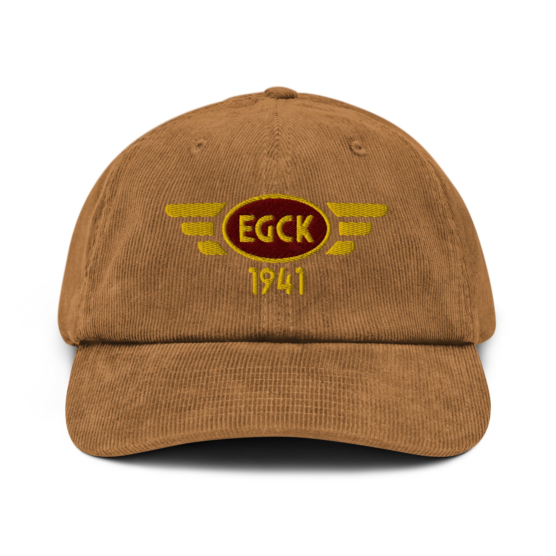 Fawn coloured corduroy baseball cap with embroidered vintage style aviation logo for Caernarfon Airport.