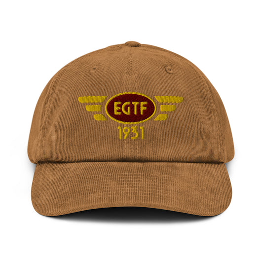 Fairoaks Airport corduroy cap with embroidered ICAO code.