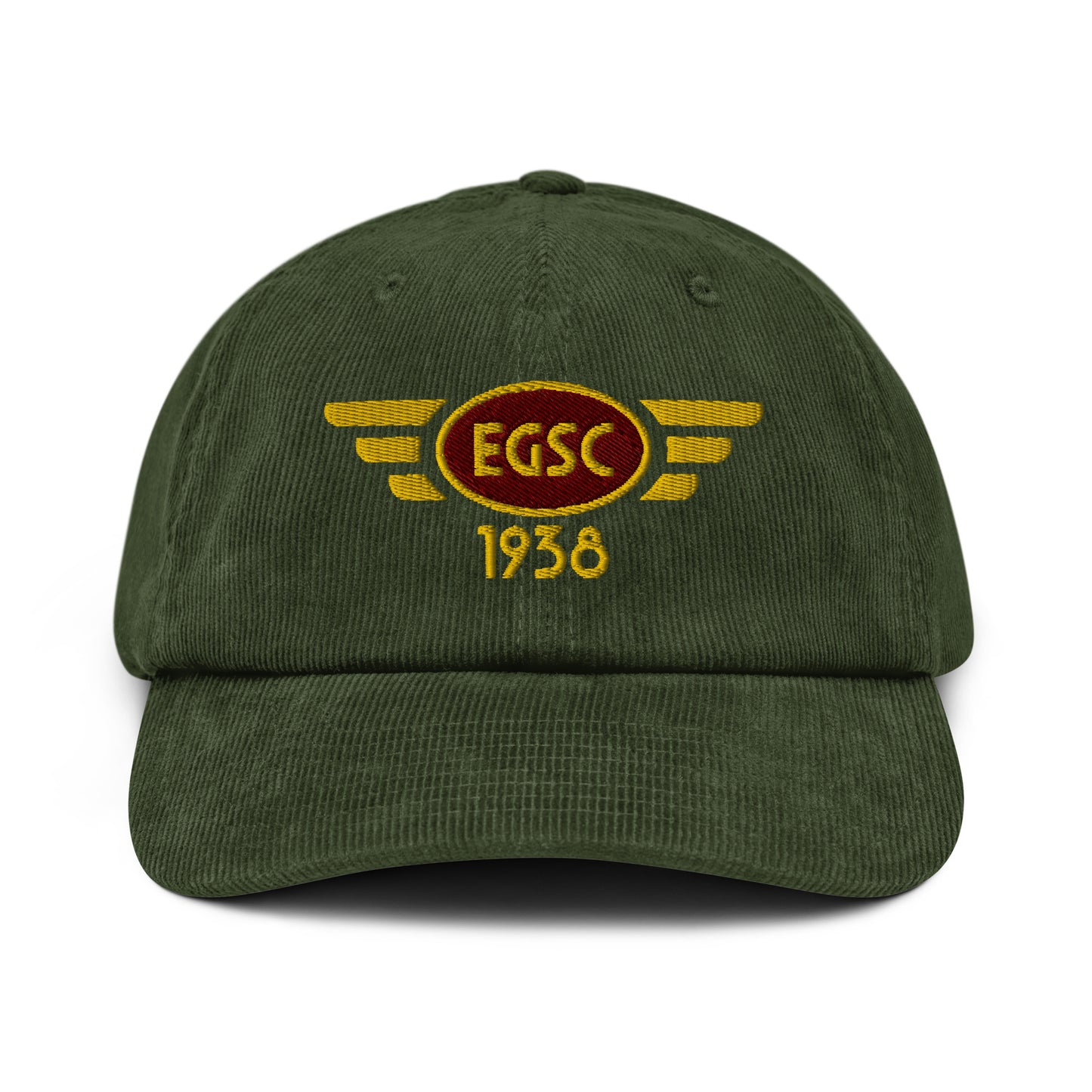 Olive coloured corduroy baseball cap with embroidered vintage style aviation logo for Cambridge Airport.