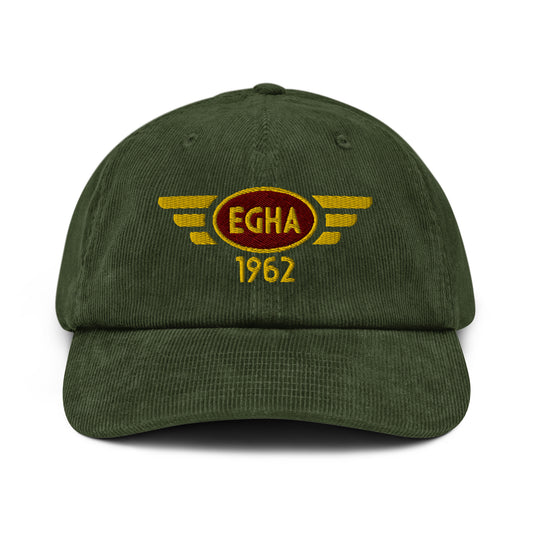 Olive coloured corduroy baseball cap with embroidered vintage style aviation logo for Compton Abbas Aerodrome.