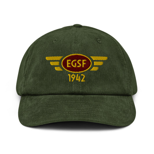 Olive coloured corduroy baseball cap with embroidered vintage style aviation logo for Conington Airport.