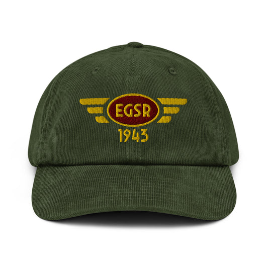 Olive coloured corduroy baseball cap with embroidered vintage style aviation logo for Earls Colne Airfield.