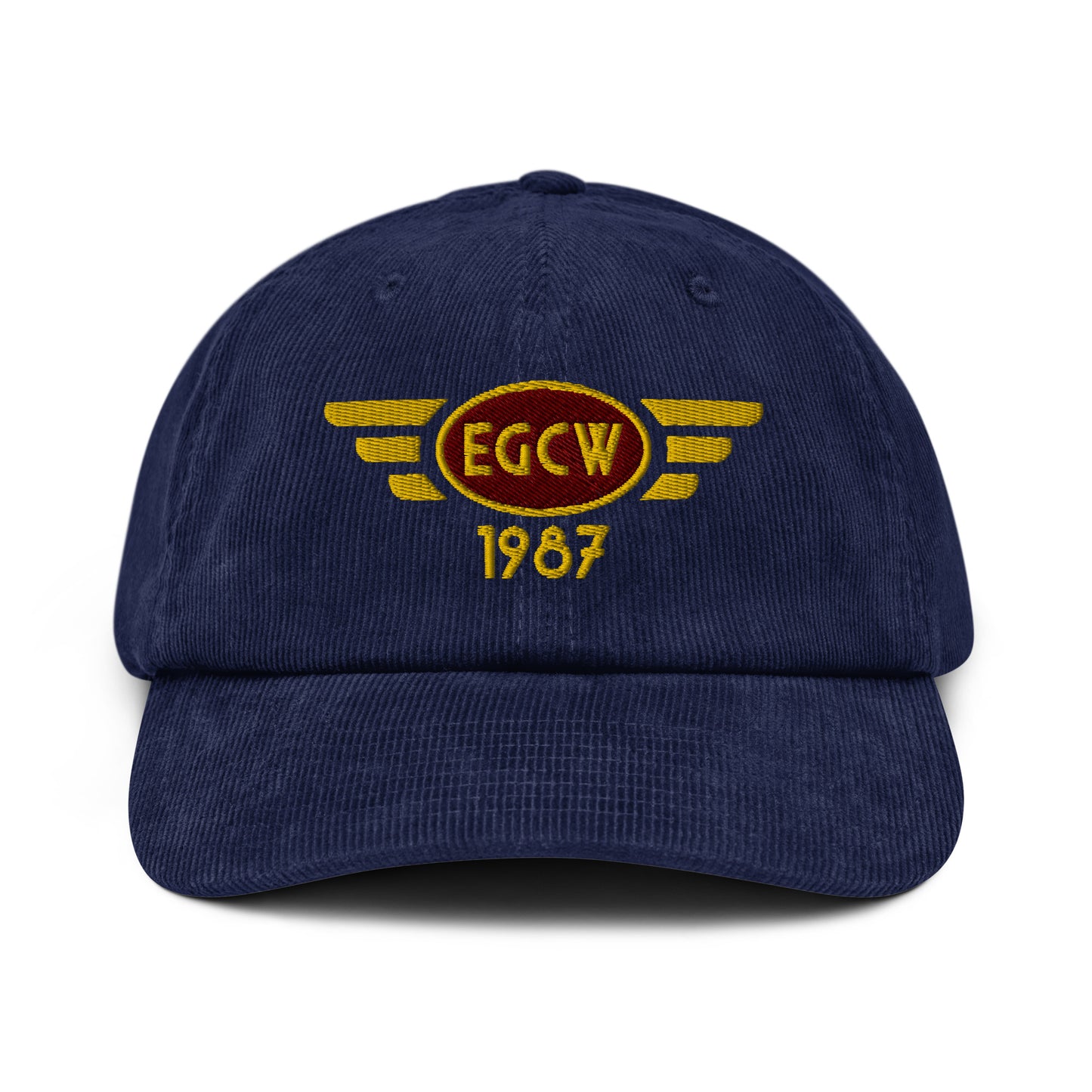 Welshpool Airport corduroy cap with embroidered ICAO code.
