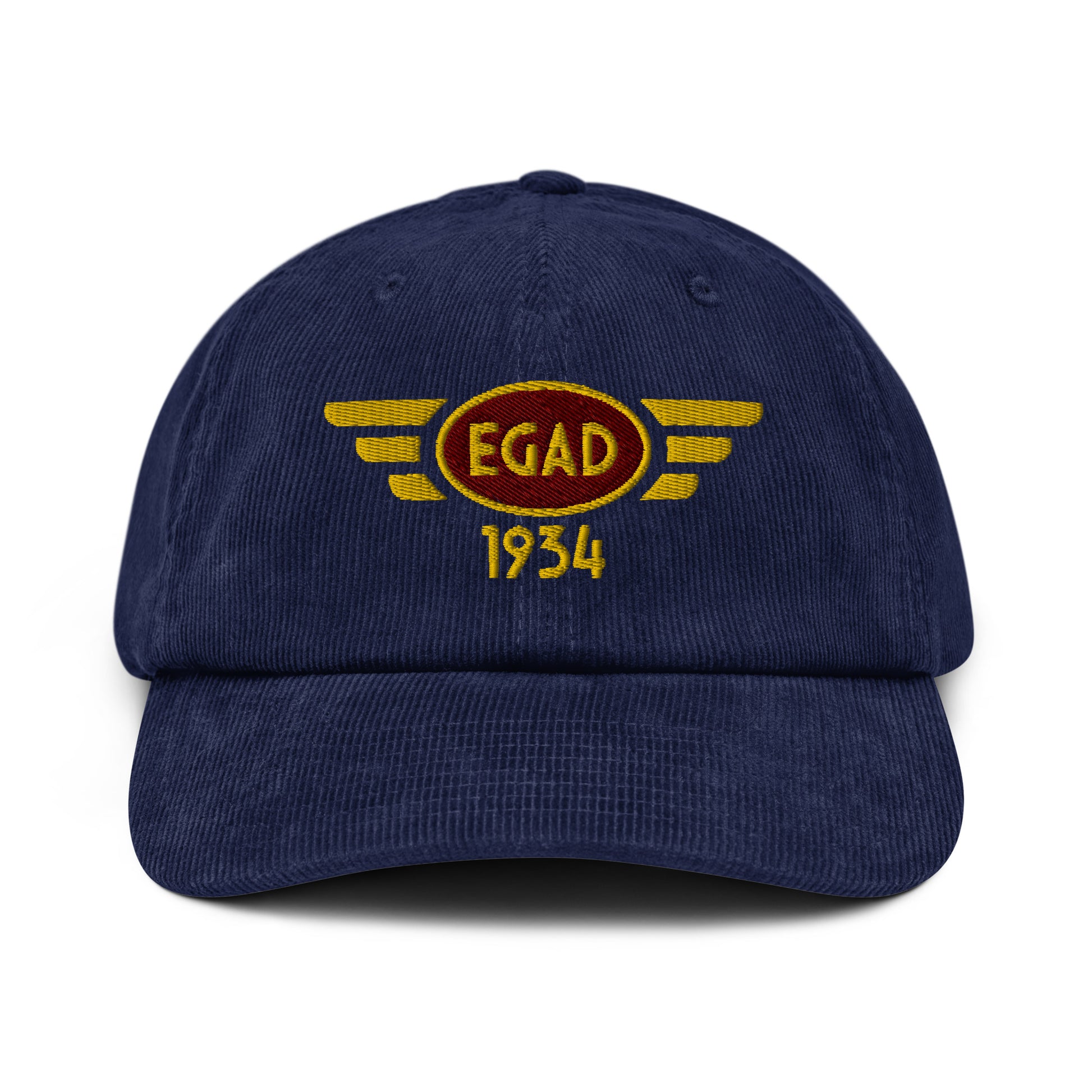 Oxford navy blue coloured corduroy baseball cap with embroidered vintage style aviation logo for Newtownards Airport.