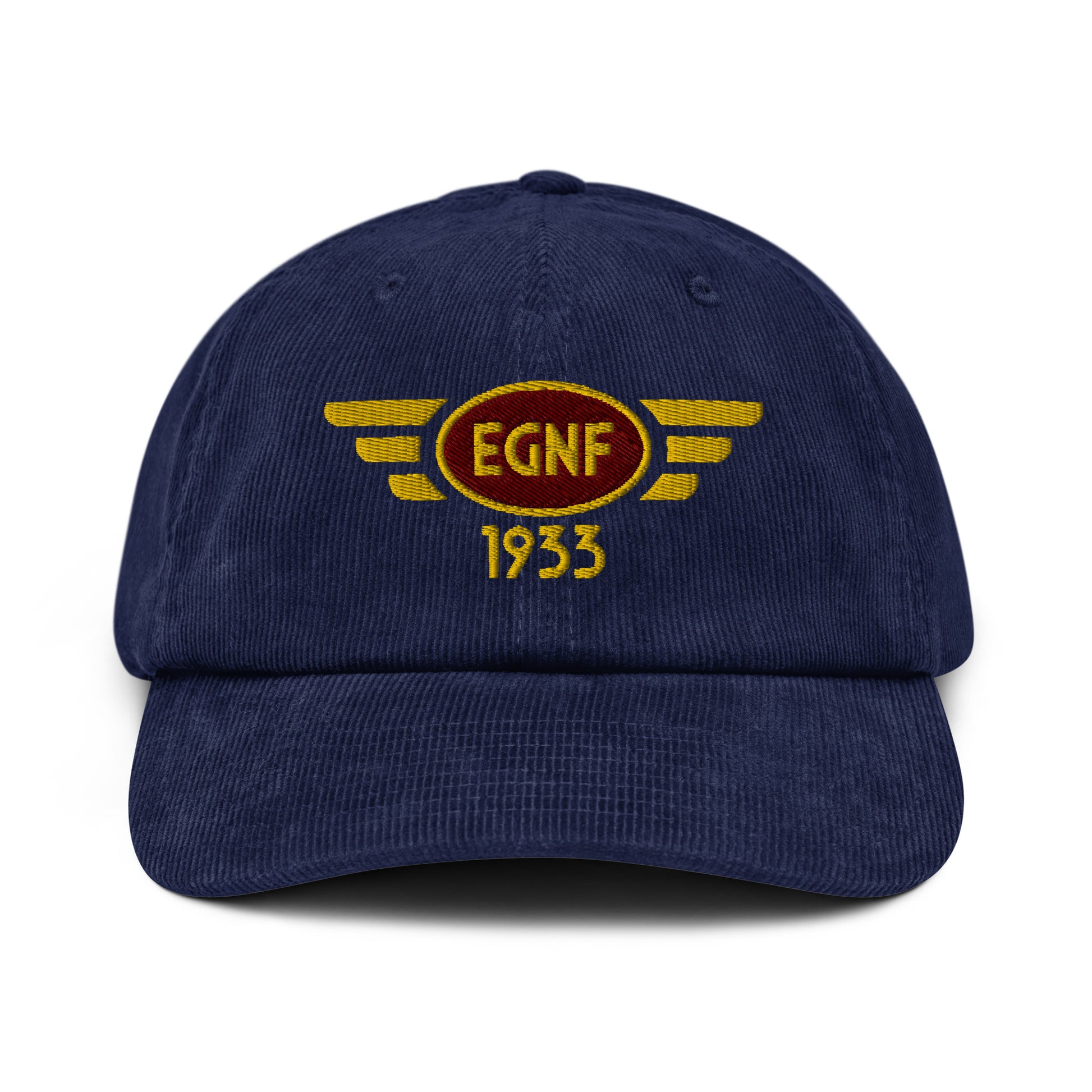 Oxford navy blue coloured corduroy baseball cap with embroidered vintage style aviation logo for Netherthorpe Aerodrome.