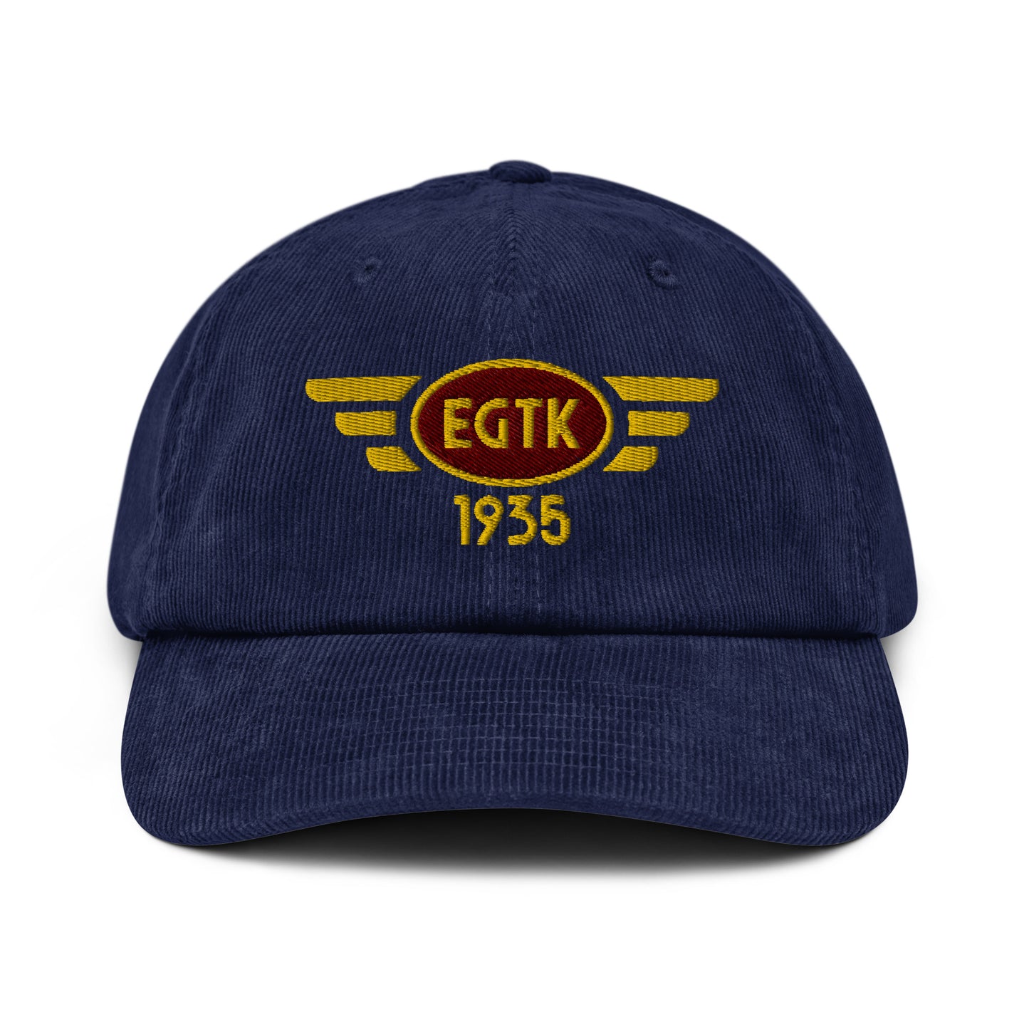 Oxford navy blue coloured corduroy baseball cap with embroidered vintage style aviation logo for Kidlington Airport.