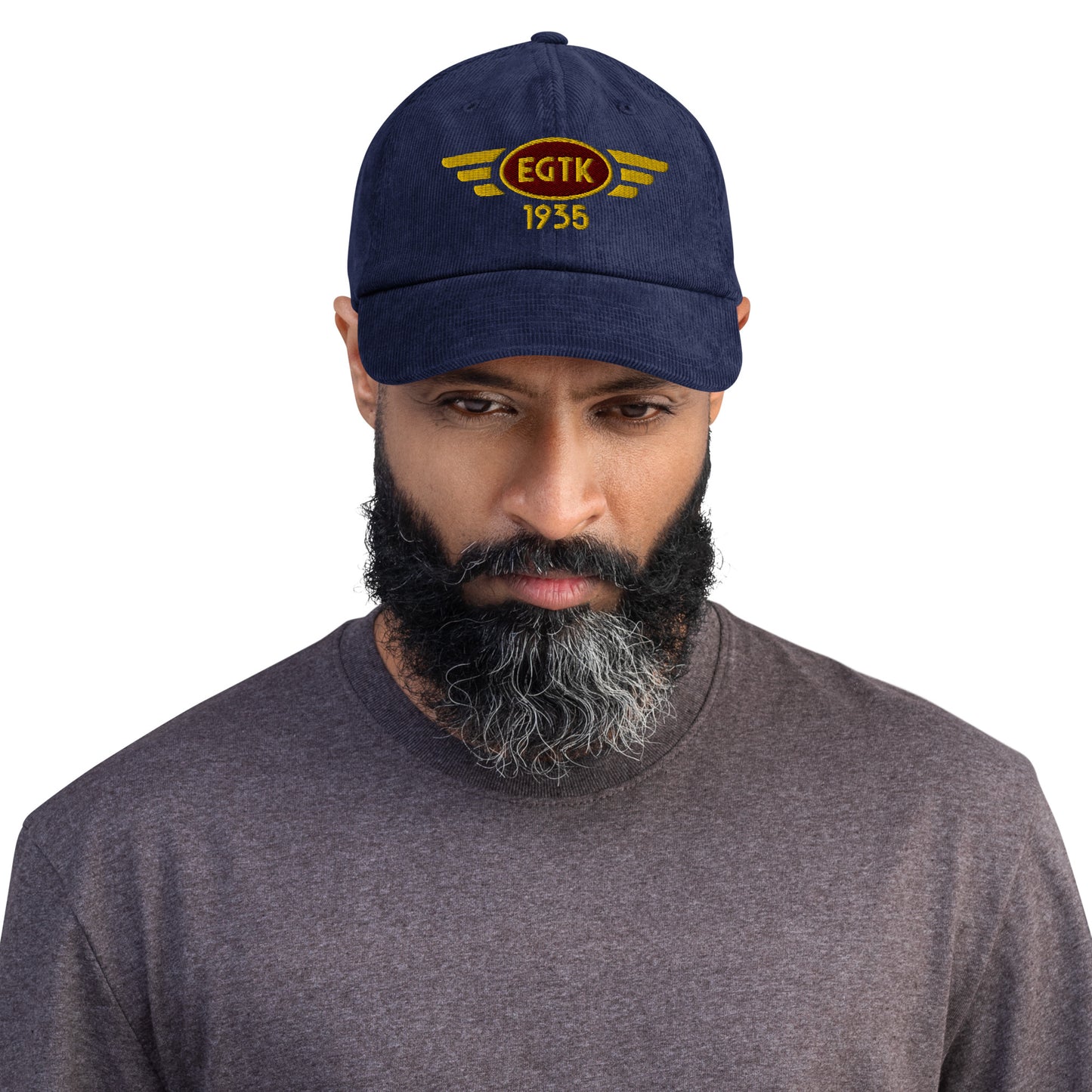 Kidlington Airport corduroy cap with embroidered ICAO code.