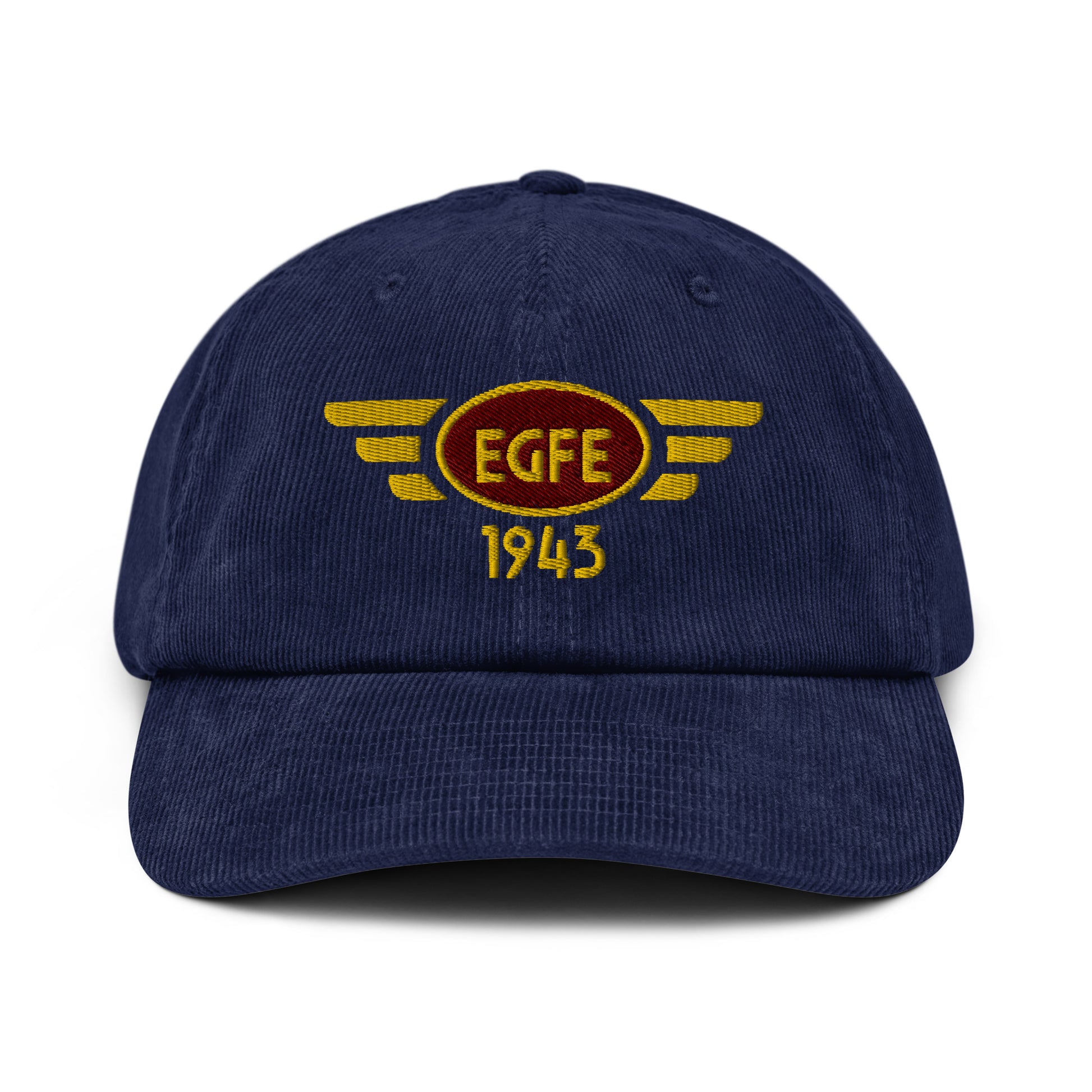 Oxford navy blue coloured corduroy baseball cap with embroidered vintage style aviation logo for Haverfordwest Airport.
