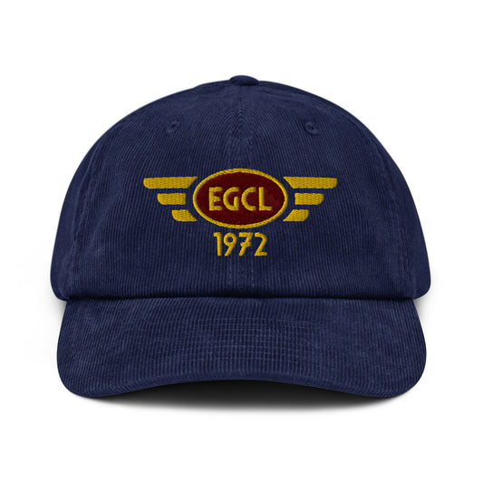 Oxford navy blue coloured corduroy baseball cap with embroidered vintage style aviation logo for Fenland Airfield.