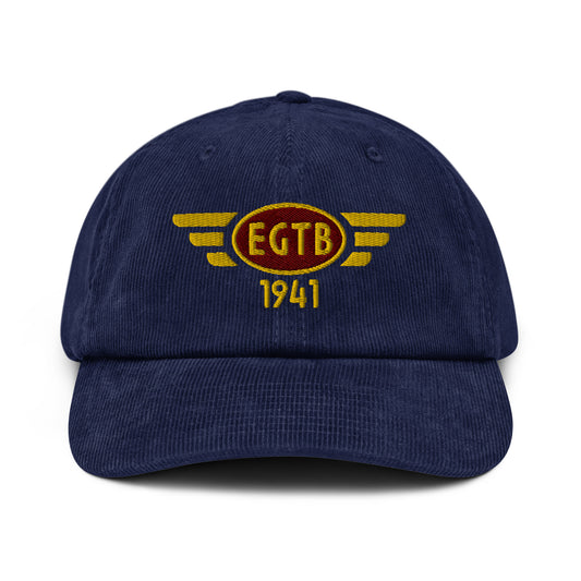 Oxford navy blue coloured corduroy baseball cap with embroidered vintage style aviation logo for Booker Airfield.