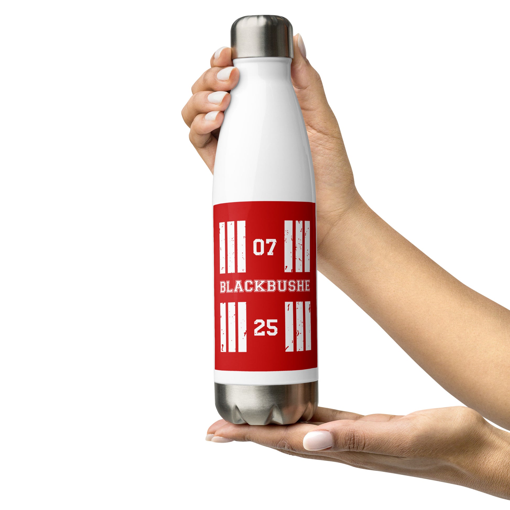 The Blackbushe Airport runway designator water bottle features a red print with the airport's name and designator framed by stylised threshold markings showing through.