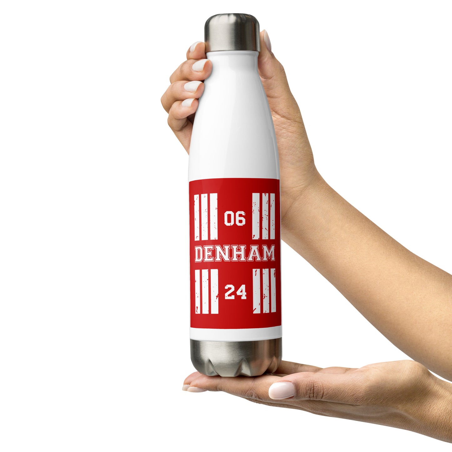 The Denham Aerodrome runway designator water bottle features a red print with the airport's name and designator framed by stylised threshold markings showing through.