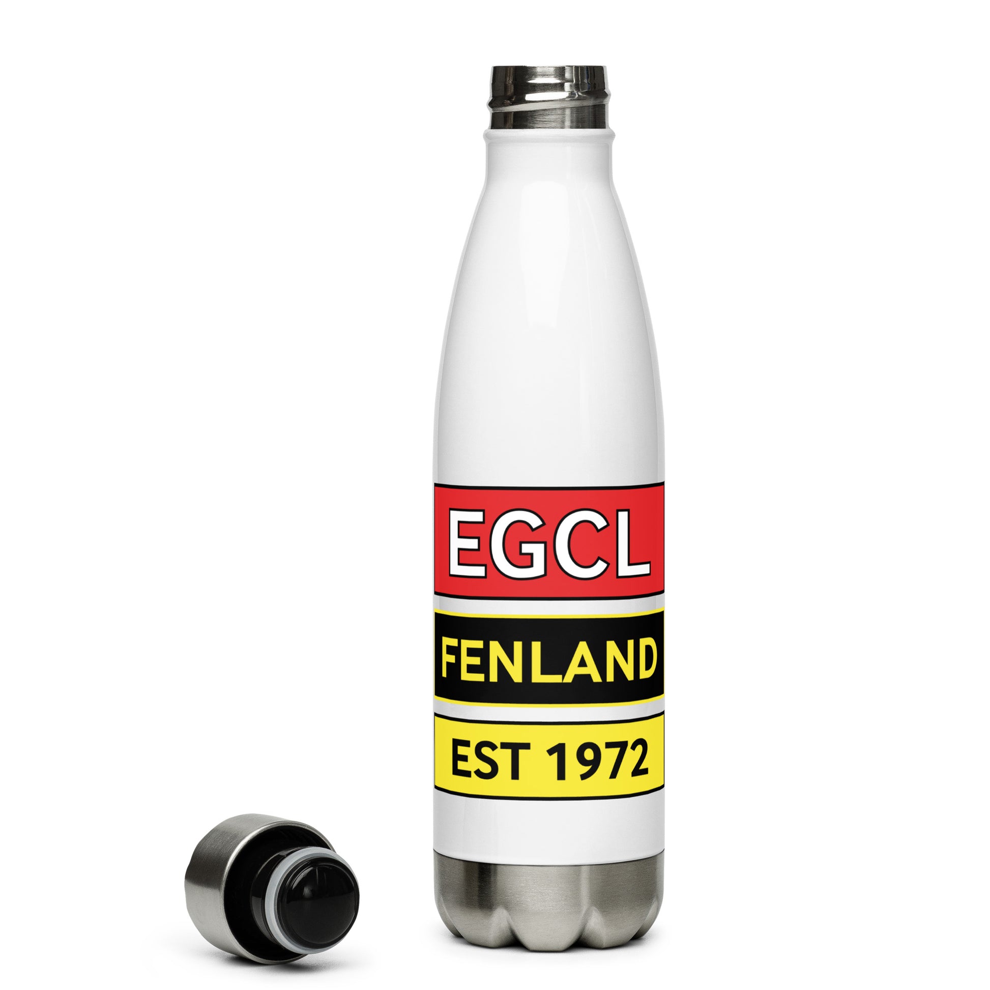 Fenland Airfield 17oz water bottle with the name, date of construction, and ICAO code of the airport incorporated into airfield signage patterns and printed on the front and back.