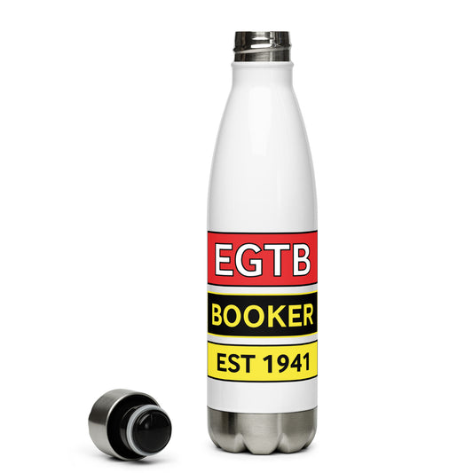 Booker Airfield 17oz water bottle with the name, date of construction, and ICAO code of the airport incorporated into airfield signage patterns and printed on the front and back.