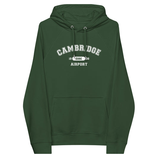 The bottle green Cambridge Airport Collegiate raglan hoodie features a classic collegiate style print with the airport's name, ICAO code and date of construction on the front.