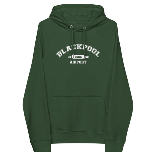 The bottle green Blackpool Airport Collegiate raglan hoodie features a classic collegiate style print with the airport's name, ICAO code and date of construction on the front.