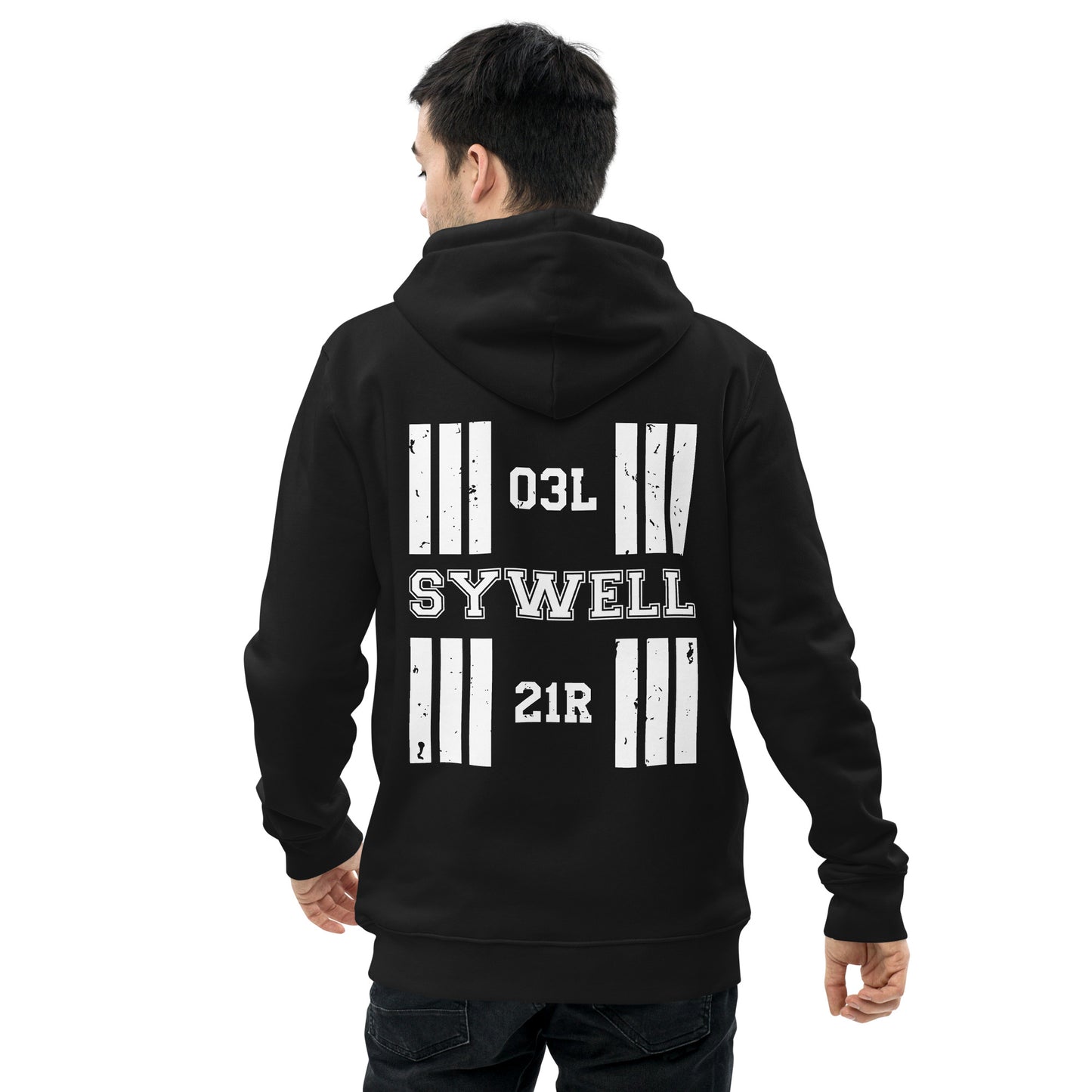 Coloured in black the Sywell Aerodrome Designator heavyweight hoodie features a discreet collegiate print on the front with a bold print featuring the airport's name and designator, framed by stylised distressed threshold markings on the back.