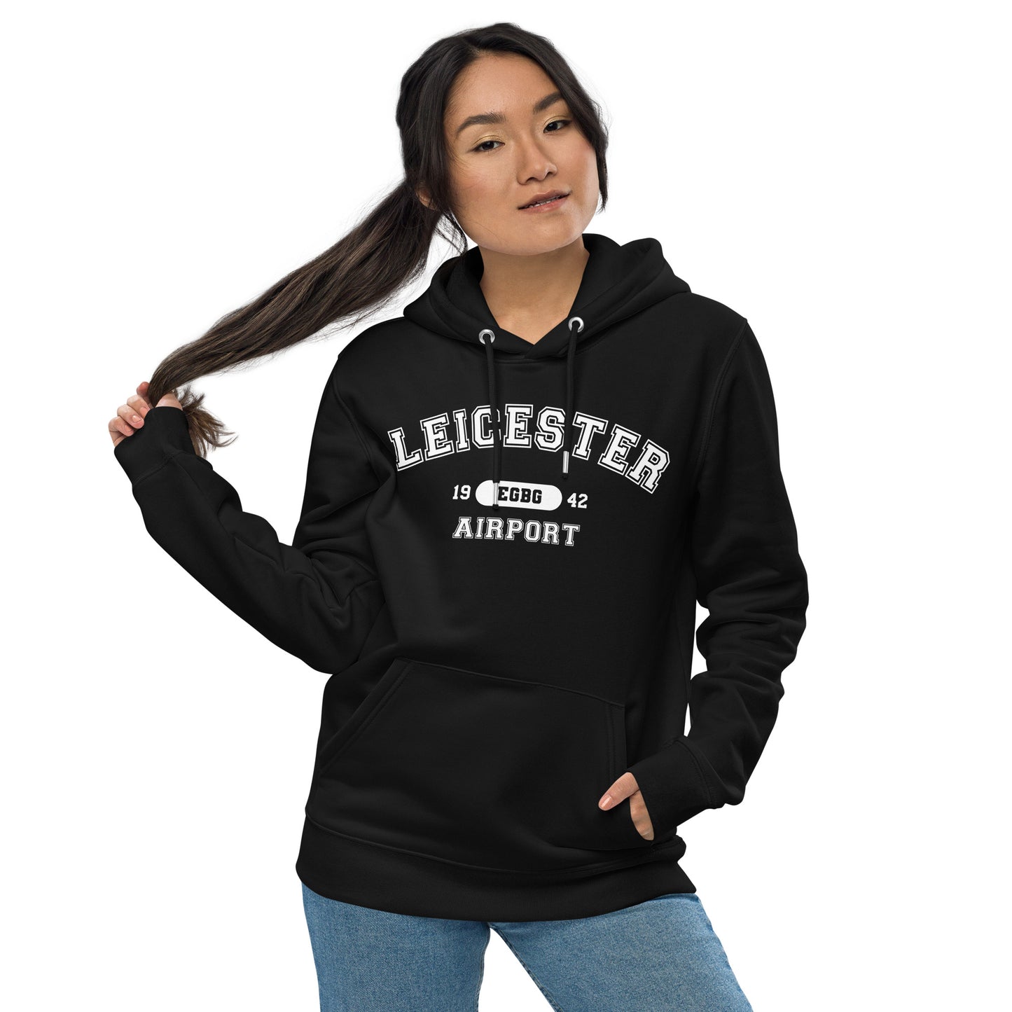 Leicester Airport with ICAO code in collegiate style. Unisex essential eco hoodie.