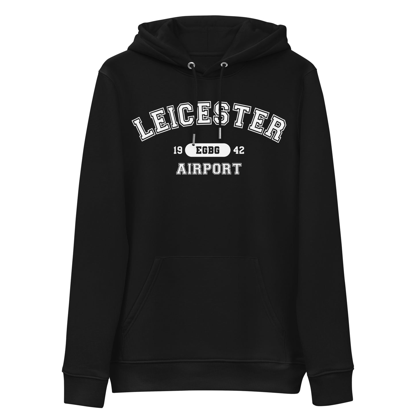 Black Leicester Airport collegiate heavyweight hoodie features a classic collegiate style print with the airport's name, ICAO code and date of construction on the front.