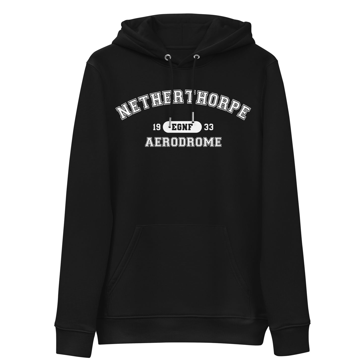 Black Netherthorpe Aerodrome collegiate heavyweight hoodie features a classic collegiate style print with the airport's name, ICAO code and date of construction on the front.