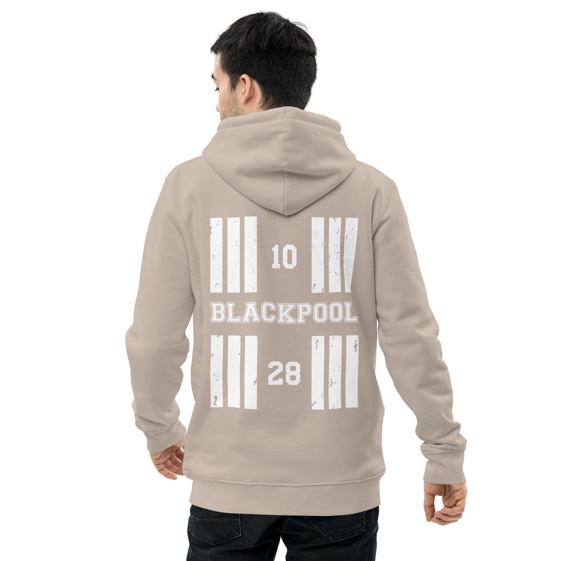 Coloured in a sandy gray called desert dust the Blackpool Airport Designator heavyweight hoodie features a discreet collegiate print on the front with a bold print featuring the airport's name and designator, framed by stylised distressed threshold markings on the back.