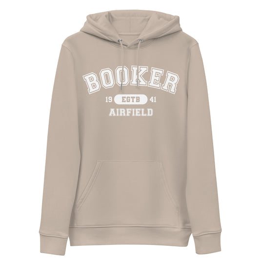 Booker Airfield with ICAO code in collegiate style. Unisex essential eco hoodie.
