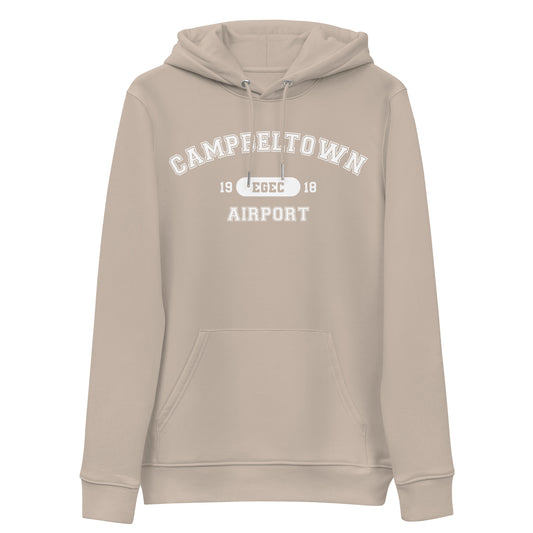 Campbeltown Airport with ICAO code in collegiate style. Unisex essential eco hoodie.