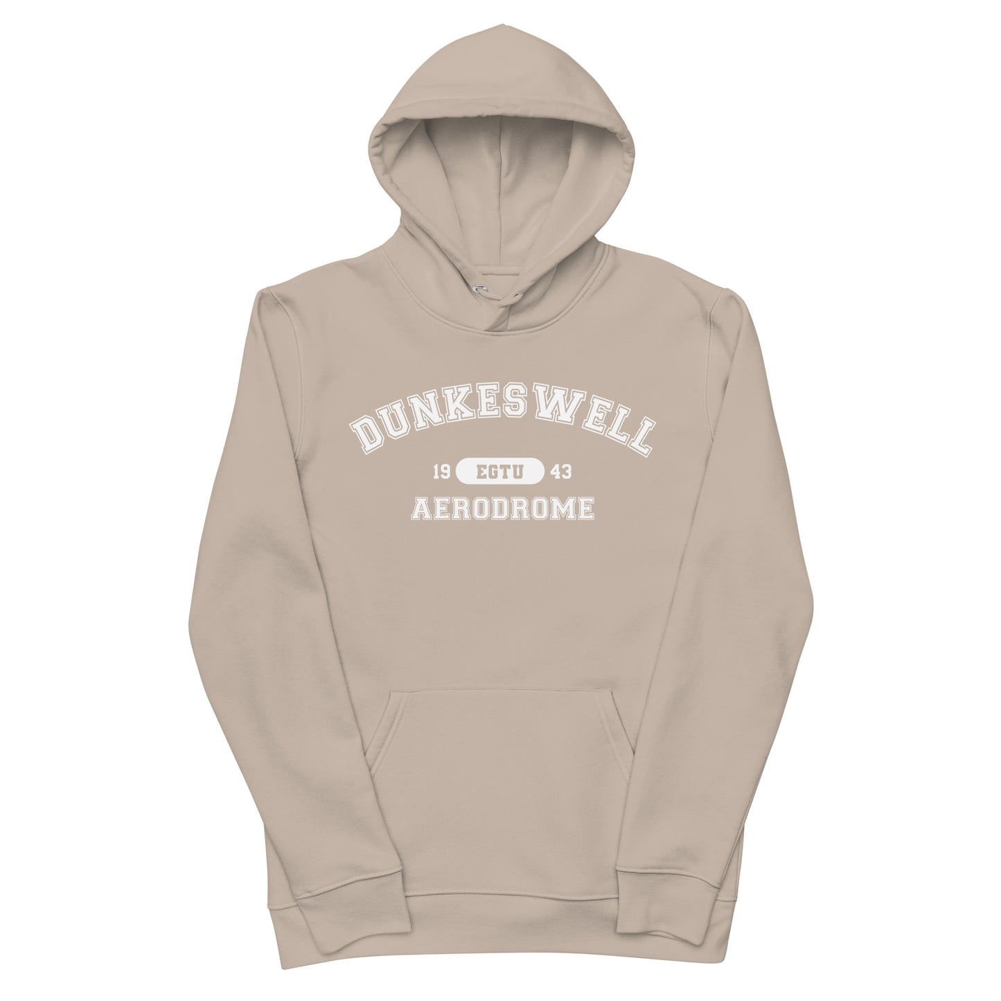 Dunkeswell Aerodrome with ICAO code in collegiate style. Unisex essential eco hoodie.