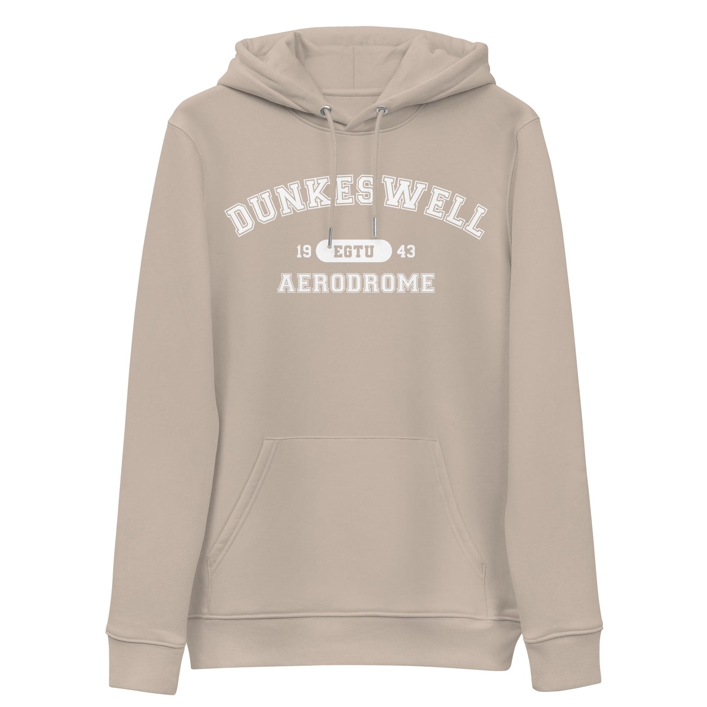 Dunkeswell Aerodrome with ICAO code in collegiate style. Unisex essential eco hoodie.