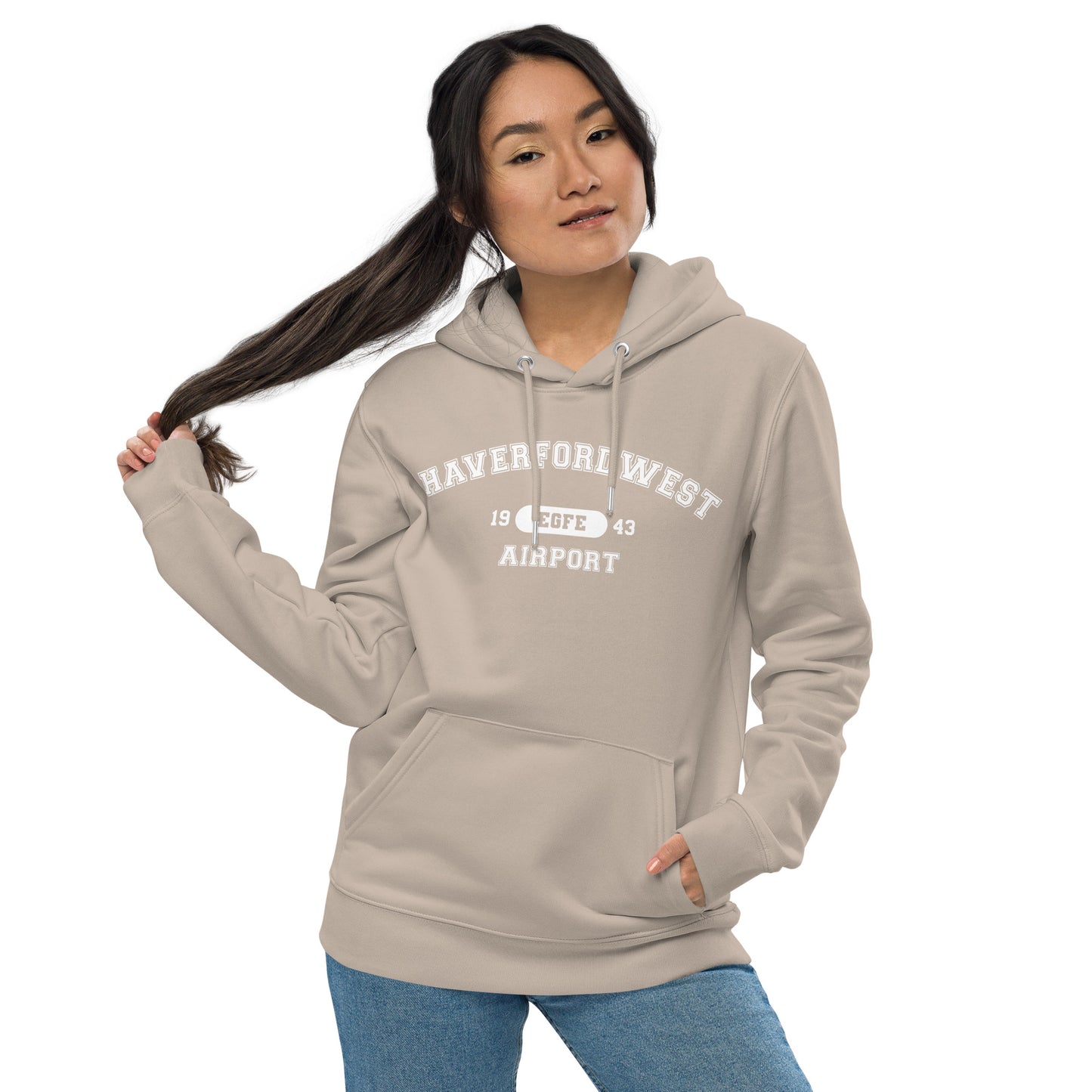 Haverfordwest Airport with ICAO code in collegiate style. Unisex essential eco hoodie.