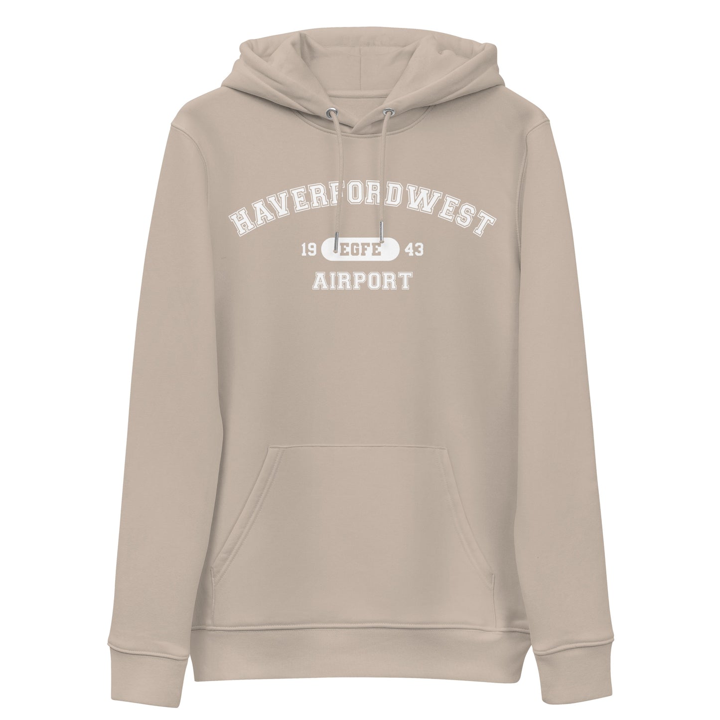Haverfordwest Airport with ICAO code in collegiate style. Unisex essential eco hoodie.
