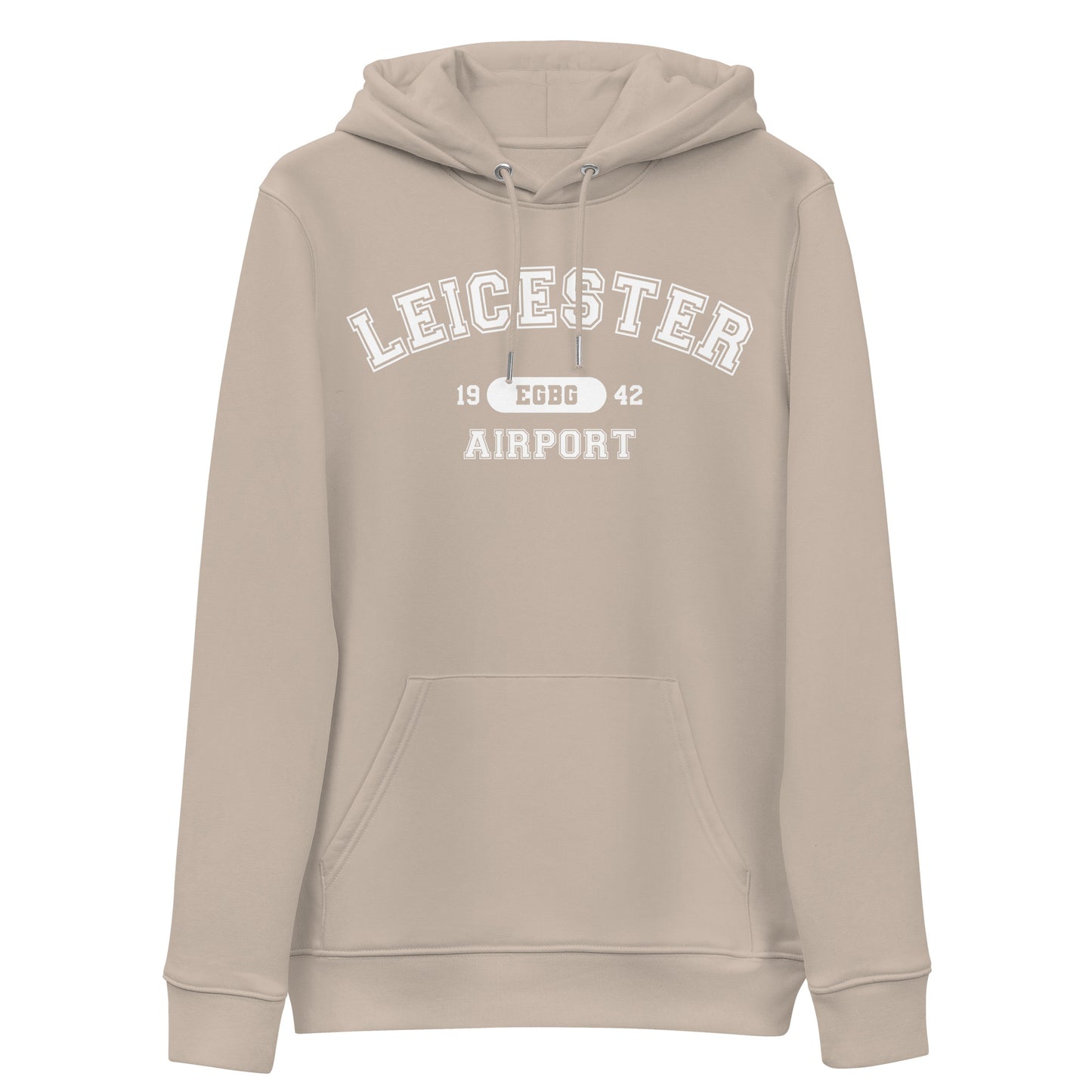 Leicester Airport with ICAO code in collegiate style. Unisex essential eco hoodie.