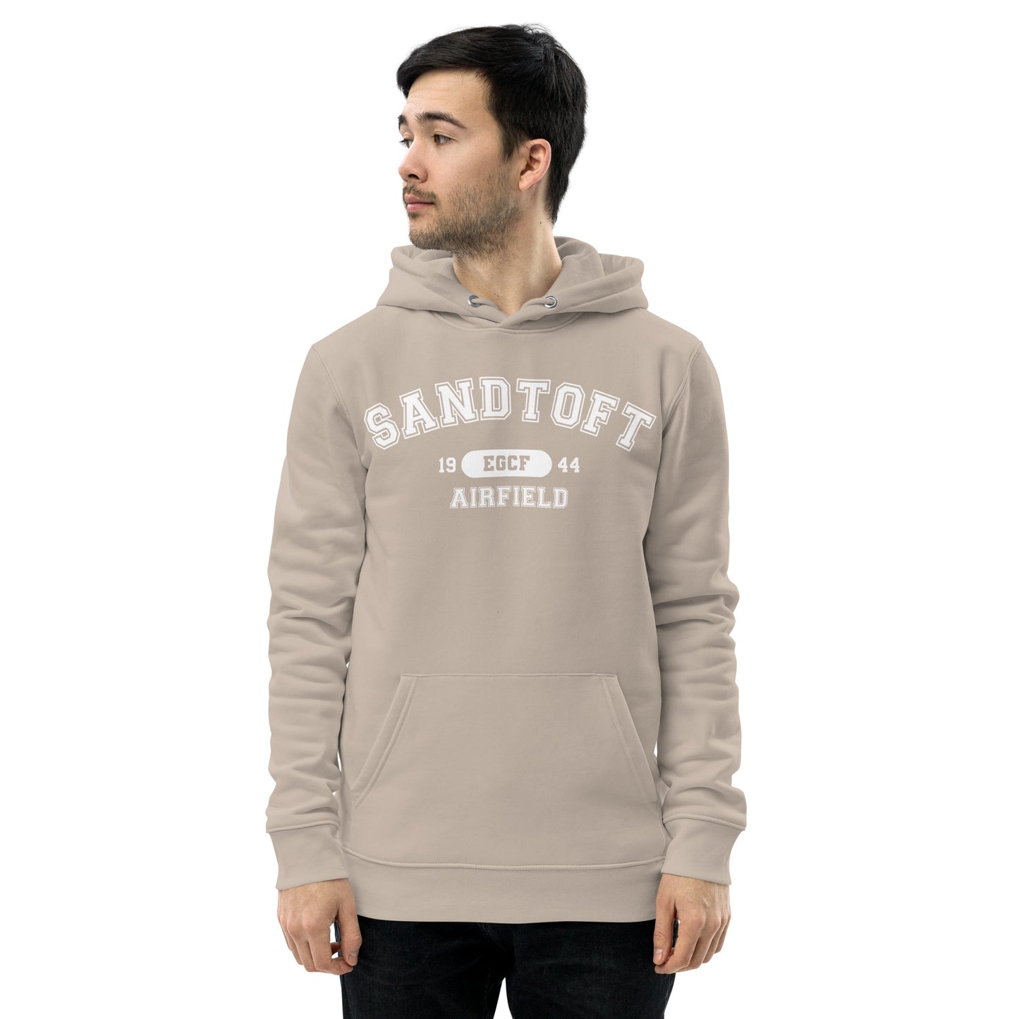 Sandtoft Airfield with ICAO code in collegiate style. Unisex essential eco hoodie.
