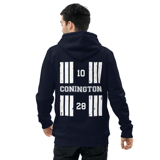 Coloured in navy the Conington Airport Designator heavyweight hoodie features a discreet collegiate print on the front with a bold print featuring the airport's name and designator, framed by stylised distressed threshold markings on the back.