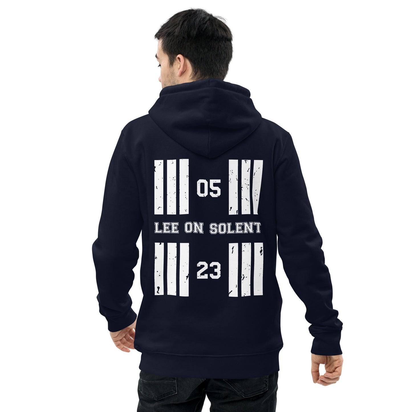 Coloured in navy the Lee on Solent Airfield Designator heavyweight hoodie features a discreet collegiate print on the front with a bold print featuring the airport's name and designator, framed by stylised distressed threshold markings on the back.