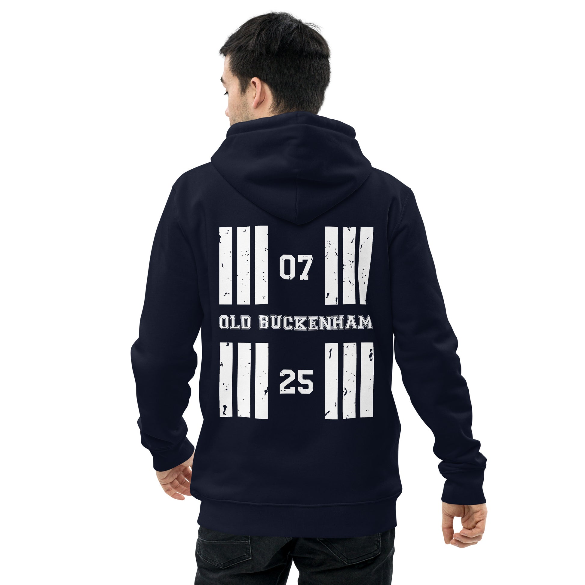 Coloured in navy the Old Buckenham Airfield Designator heavyweight hoodie features a discreet collegiate print on the front with a bold print featuring the airport's name and designator, framed by stylised distressed threshold markings on the back.